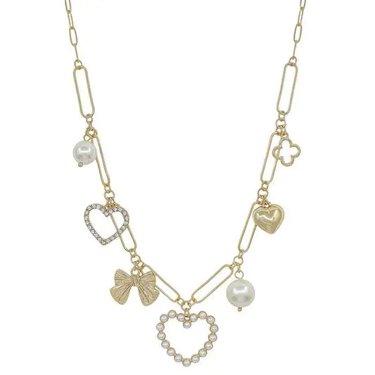 GOLD HEART, BOW AND PEARL NECKLACE 16"-18"