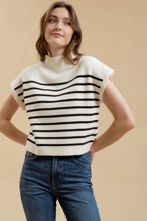 STRIPE FUNNEL NECK TOP - IVORY