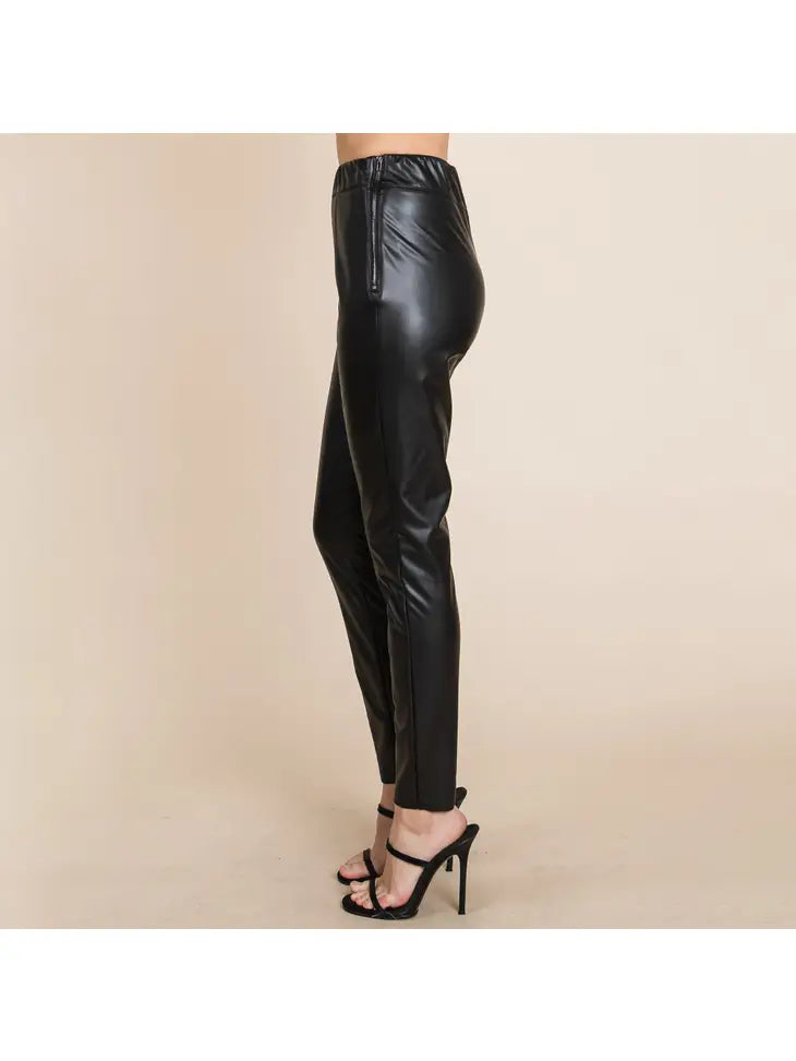 FAUX LEATHER FLEECE LINED PANTS - BLACK