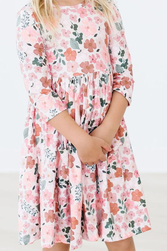 FALL FLORAL 3/4 SLEEVE POCKET TWIRL DRESS