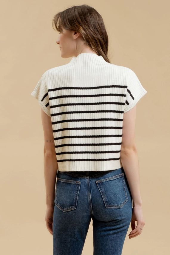 STRIPE FUNNEL NECK TOP - IVORY