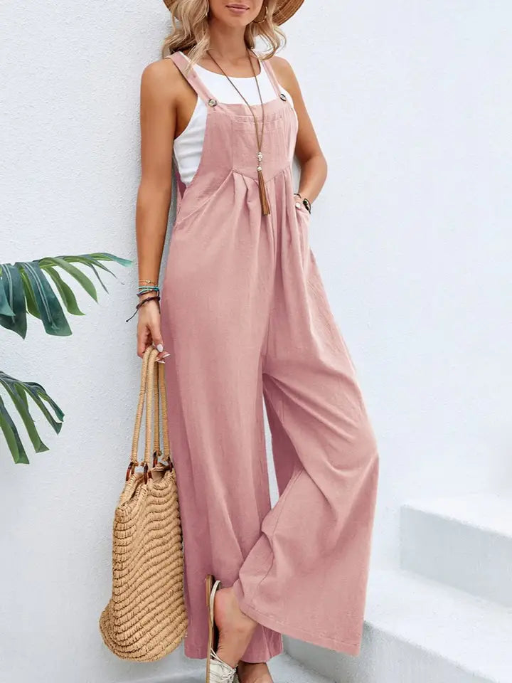 PLEATED POCKET BUTTON DOWN BIB PANTS - PINK