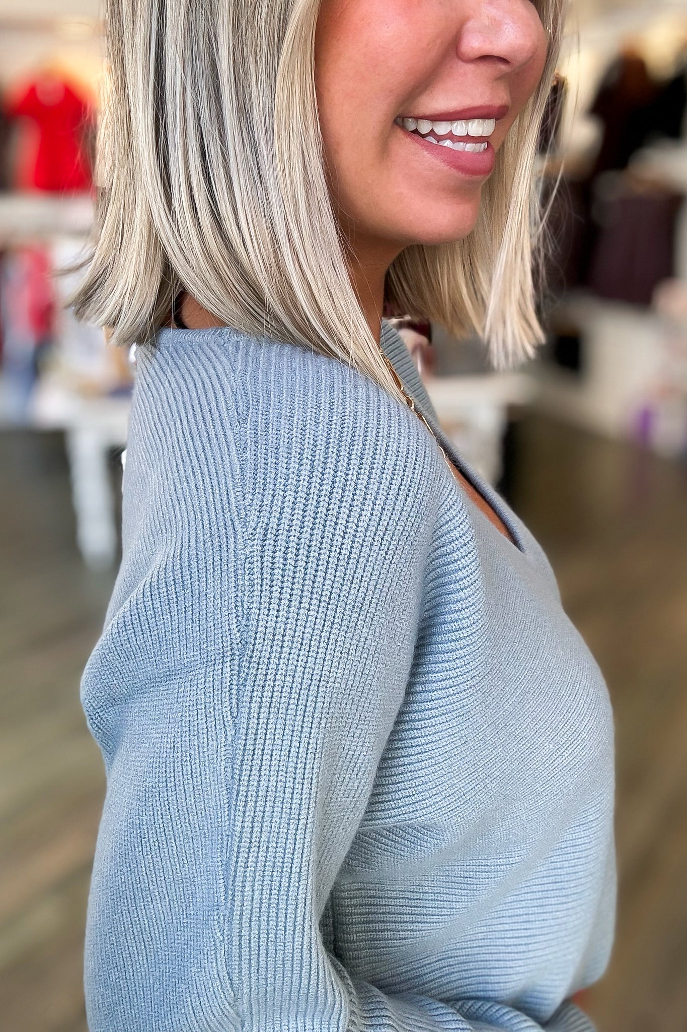 V NECK RIBBED SWEATER TOP - LIGHT BLUE