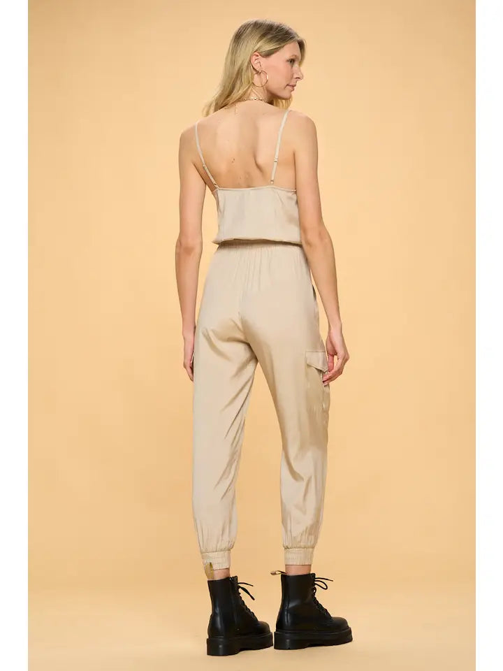 COWL NECK SLEEVELESS JUMPSUIT - SAND