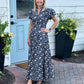 FLORAL V NECK MIDI DRESS - NAVY