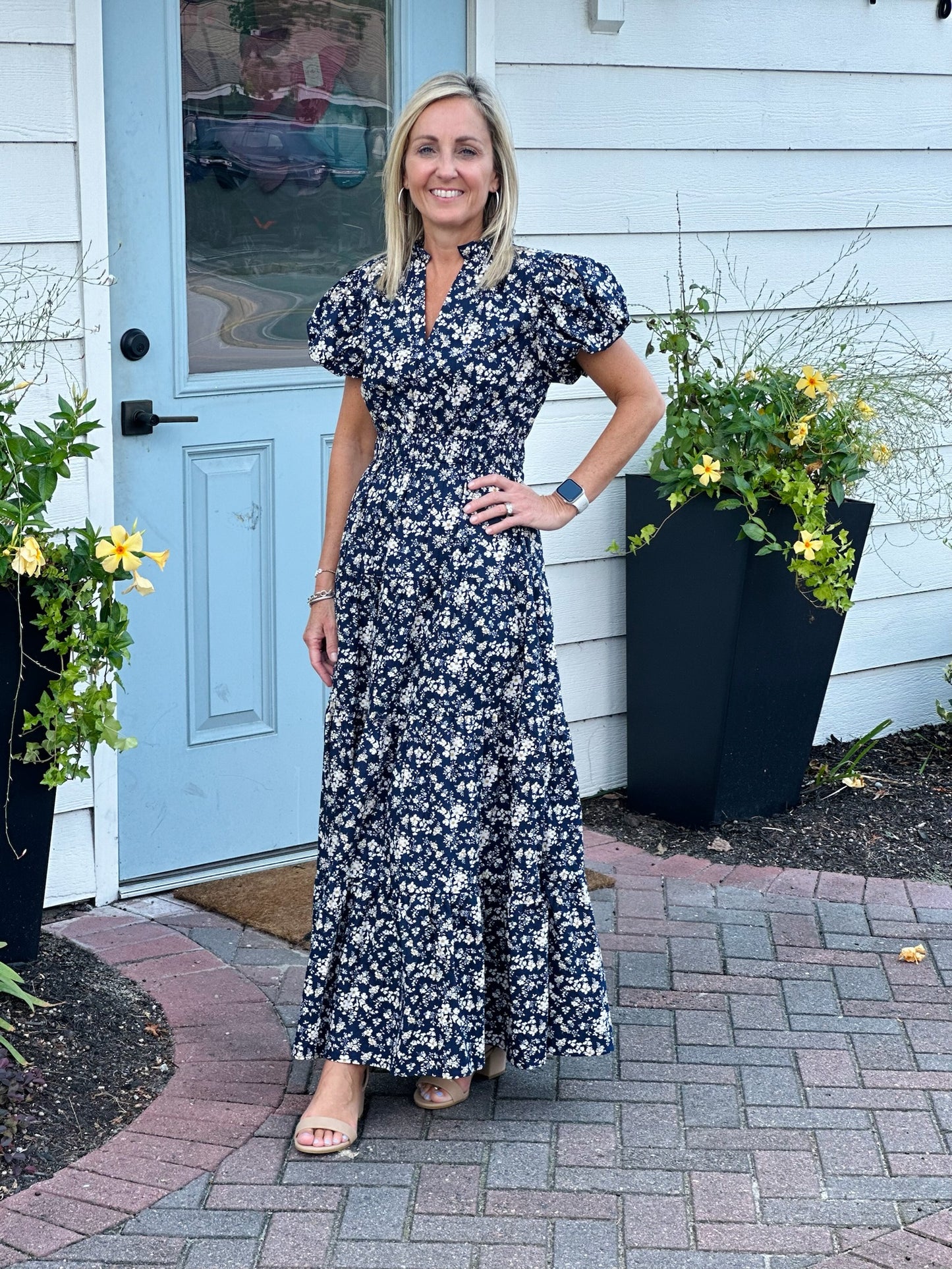 FLORAL V NECK MIDI DRESS - NAVY