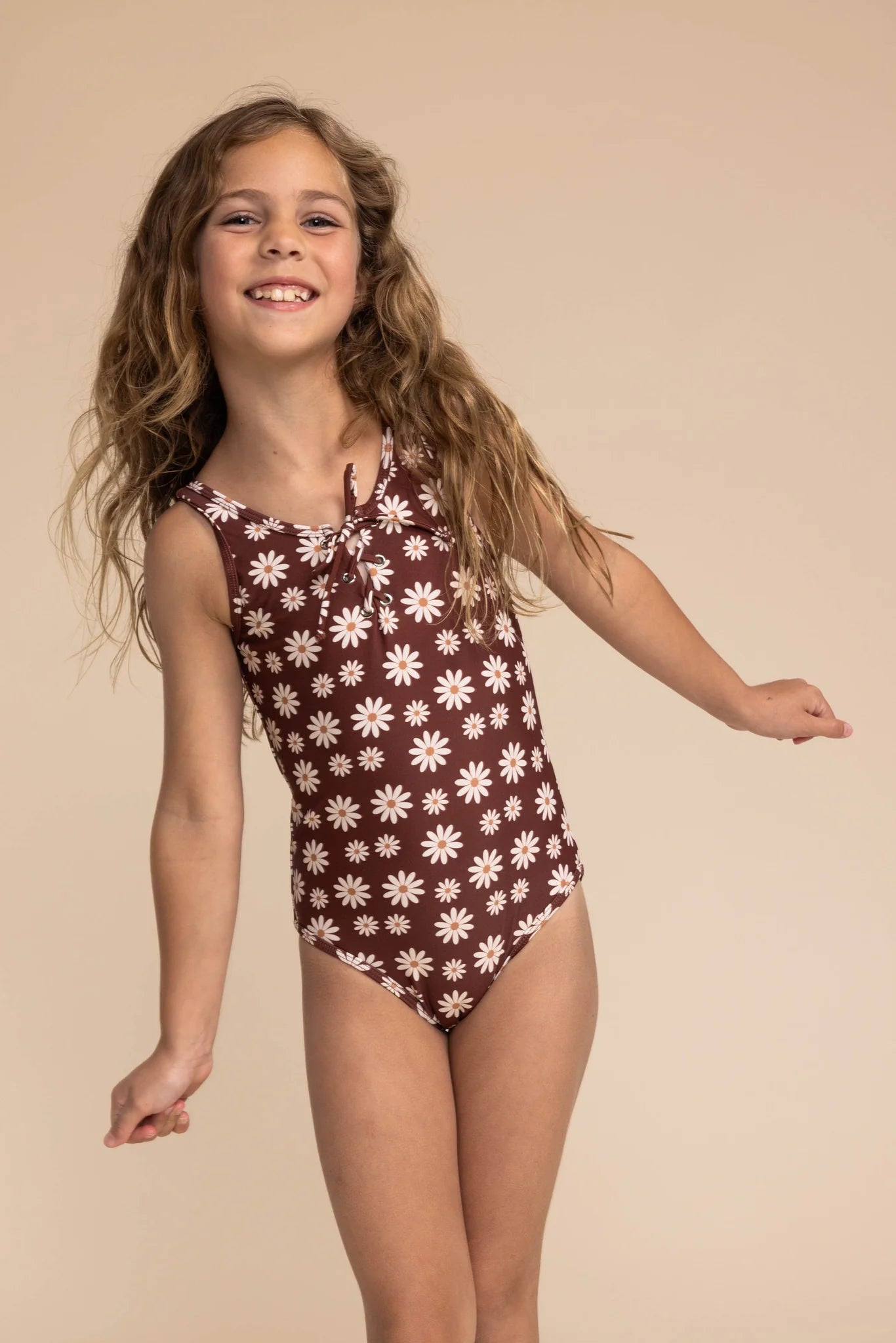 GIRL'S TIE ONE PIECE - WARM BROWN FLORAL