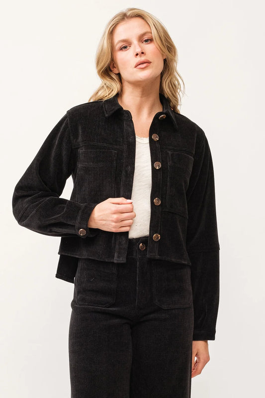 GINA CROPPED DENIM SHIRT JACKET - BLACK CHENILLE