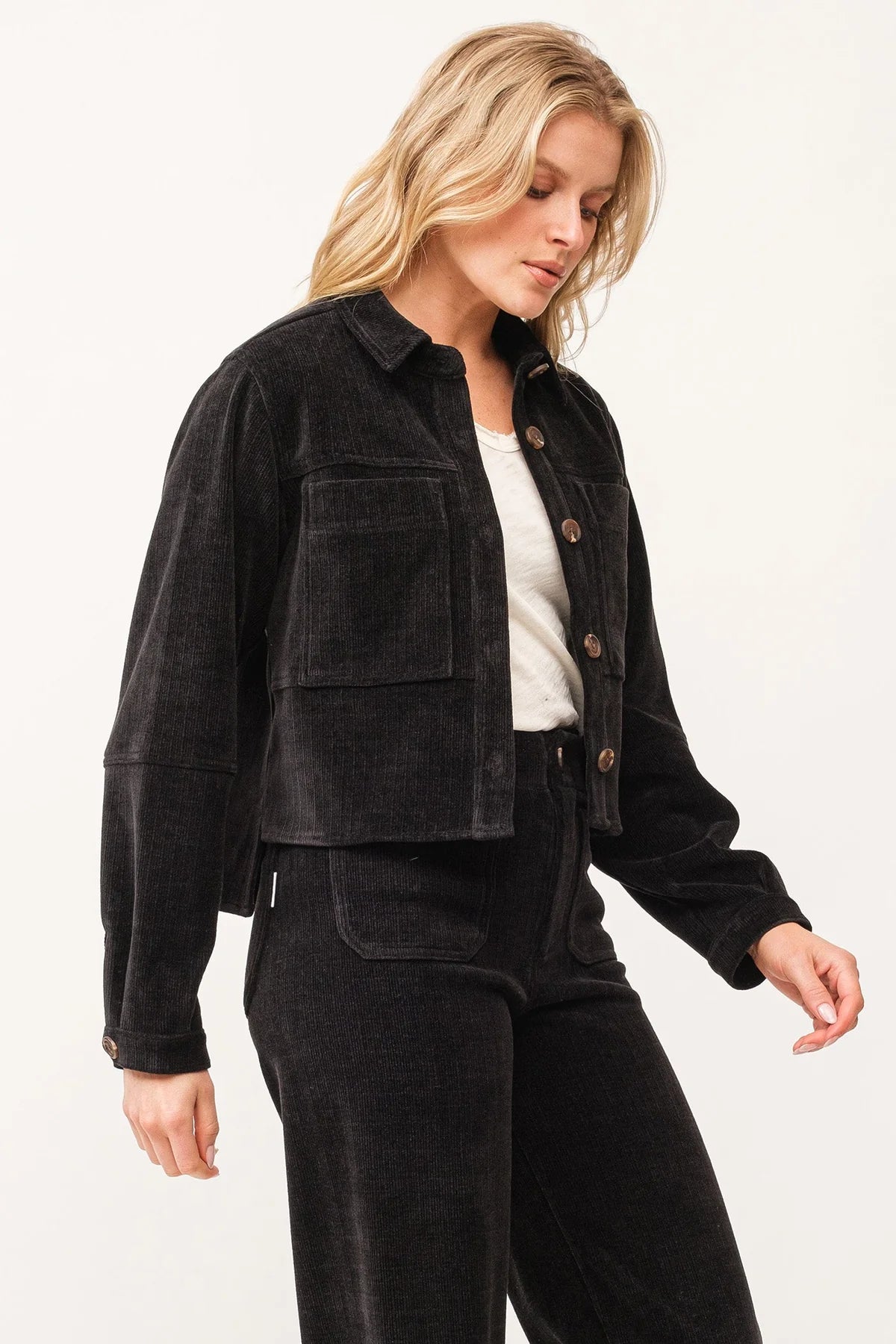 GINA CROPPED DENIM SHIRT JACKET - BLACK CHENILLE