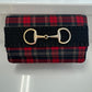 RUBY RED PLAID CLUTCH - BLACK RUFFLE BAND