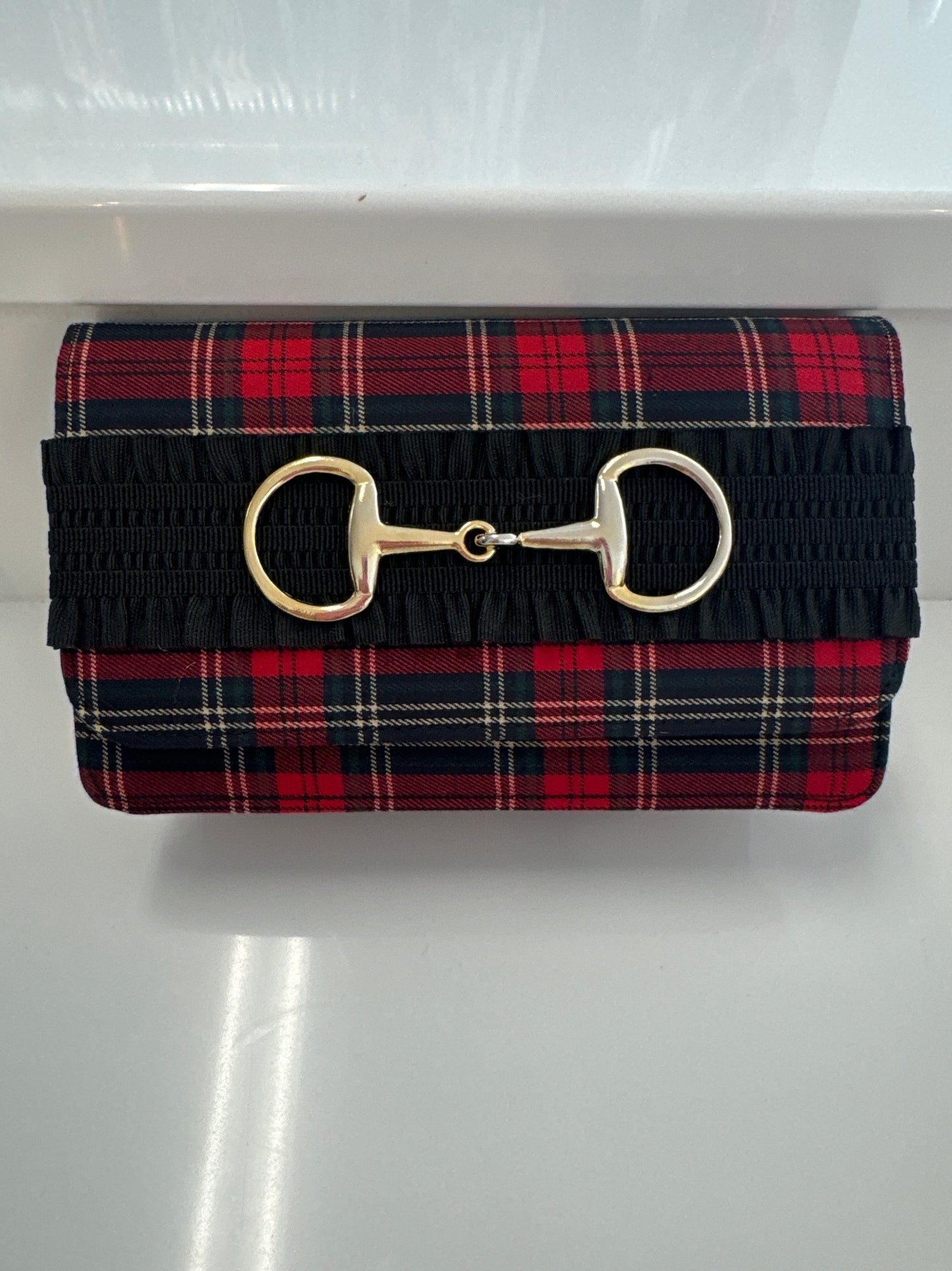 RUBY RED PLAID CLUTCH - BLACK RUFFLE BAND