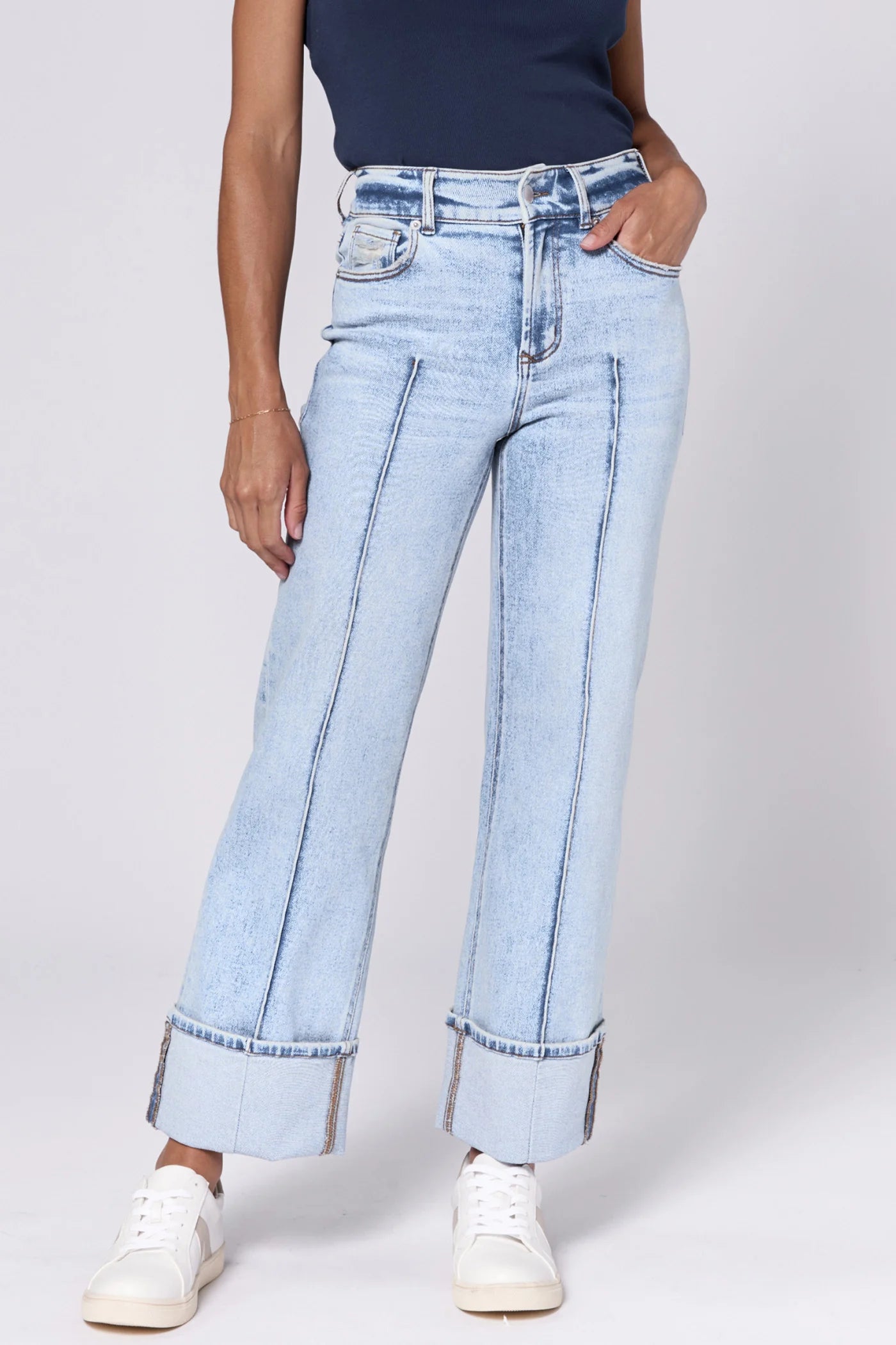 HOLLY SUPER HIGH RISE CUFFED STRAIGHT JEANS - LAKE SHORE