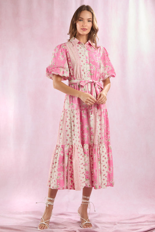 COTTON POPLIN PATCHWORK DRESS - PINK