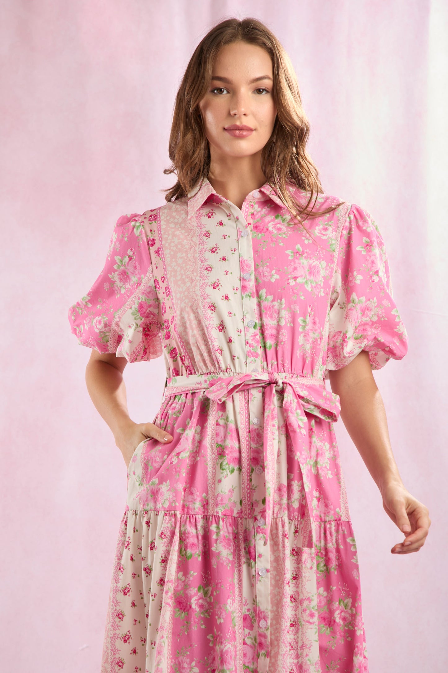 COTTON POPLIN PATCHWORK DRESS - PINK