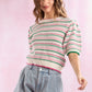 RIB SHORT SLEEVE SWEATER TOP - WHITE/PINK/GREEN