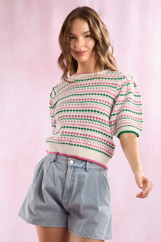 RIB SHORT SLEEVE SWEATER TOP - WHITE/PINK/GREEN