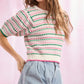 RIB SHORT SLEEVE SWEATER TOP - WHITE/PINK/GREEN