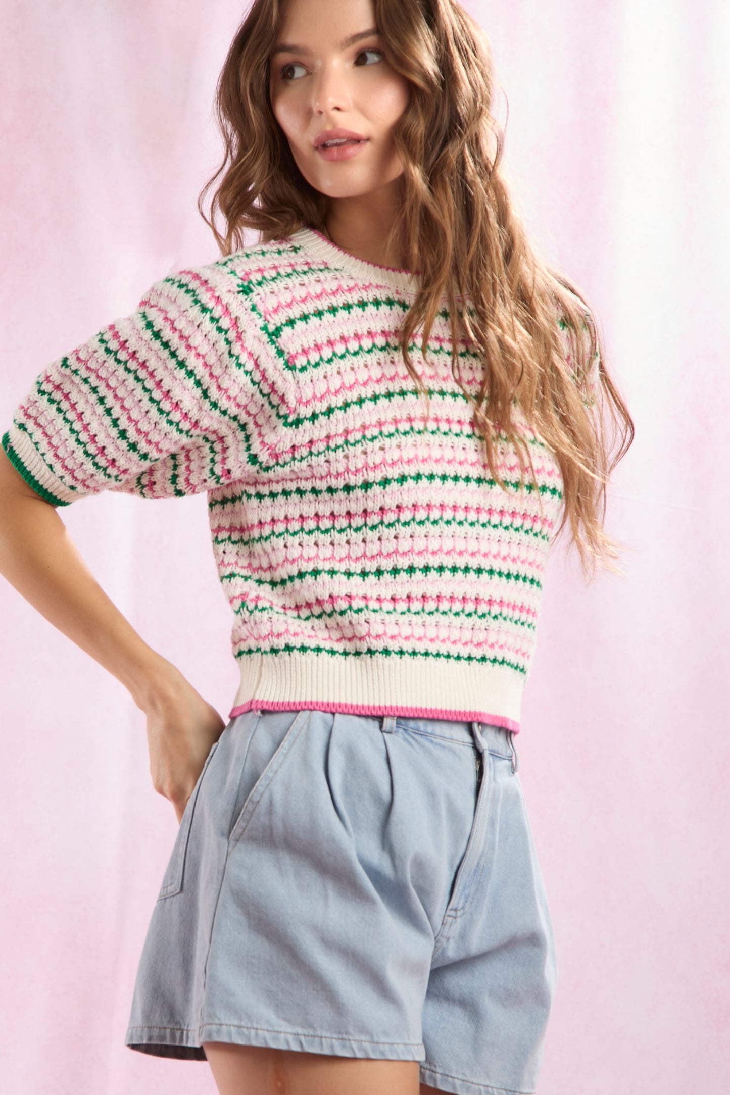 RIB SHORT SLEEVE SWEATER TOP - WHITE/PINK/GREEN