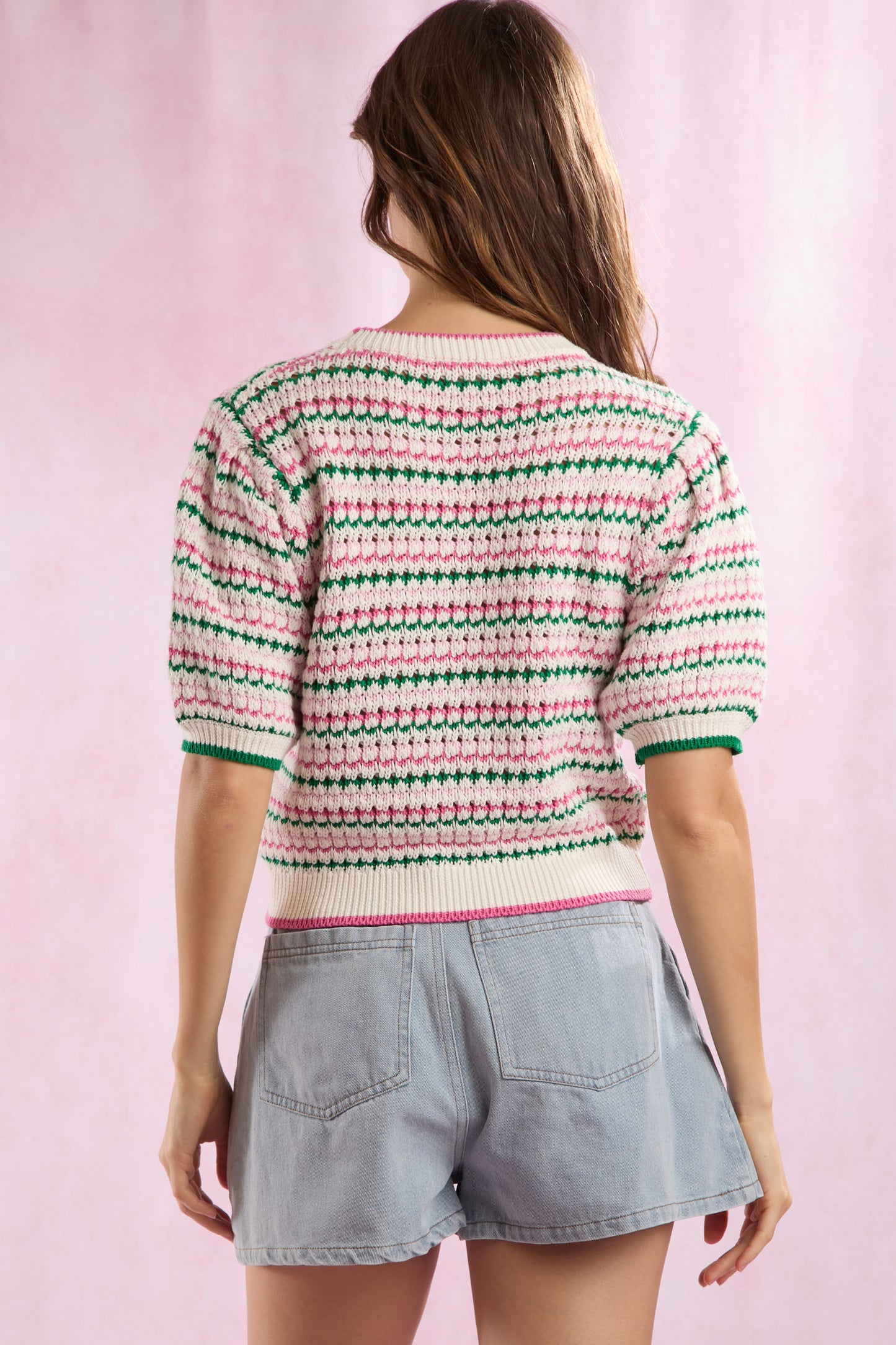 RIB SHORT SLEEVE SWEATER TOP - WHITE/PINK/GREEN