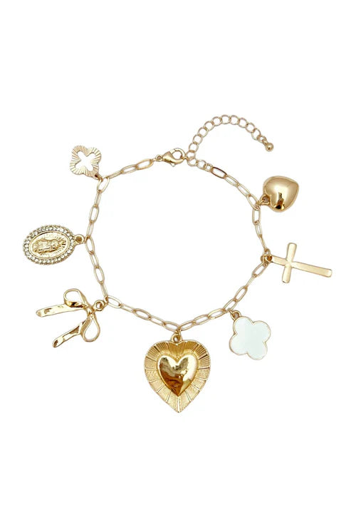 CLOVER, HEART, BOW, CROSS CHARM BRACELET