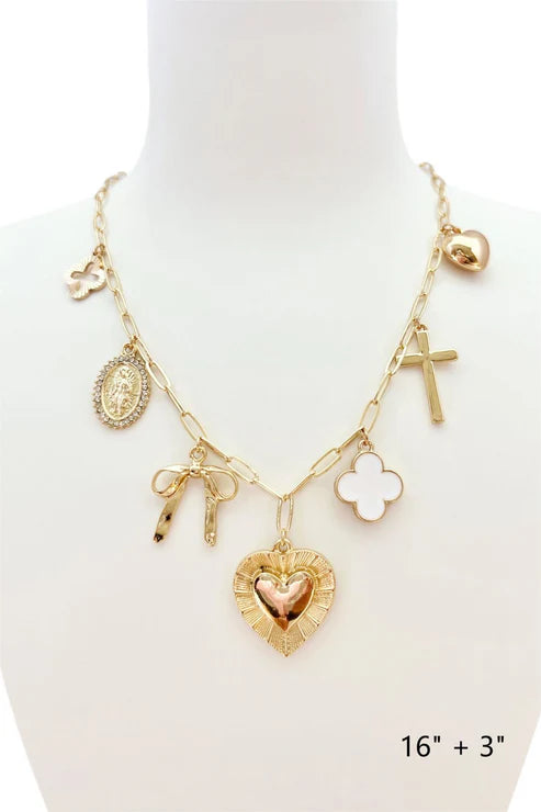 GOLD CHAIN WITH CLOVER, HEART, BOW AND CROSS CHARM NECKLACE 16"-18"