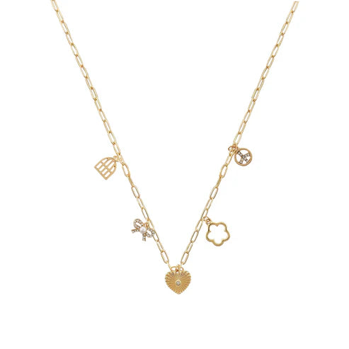 HEART, BOW, AND FLOWER GOLD CHARM NECKLACE 16" - 18"