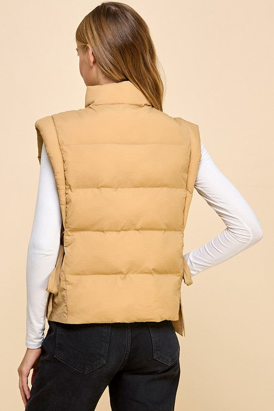 ZIPPER FRONT PUFFER VEST - MOCHA