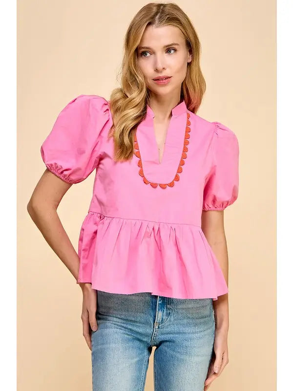 V NECKLINE PUFF SLEEVE TOP - PINK