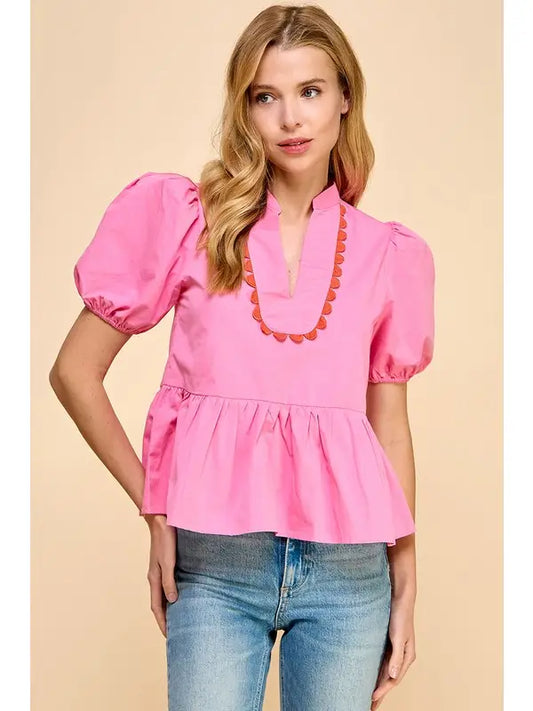 V NECKLINE PUFF SLEEVE TOP - PINK