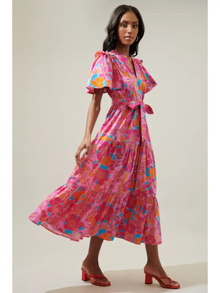 TIERED SHIFT MIDI DRESS - PINK/ORANGE/BLUE