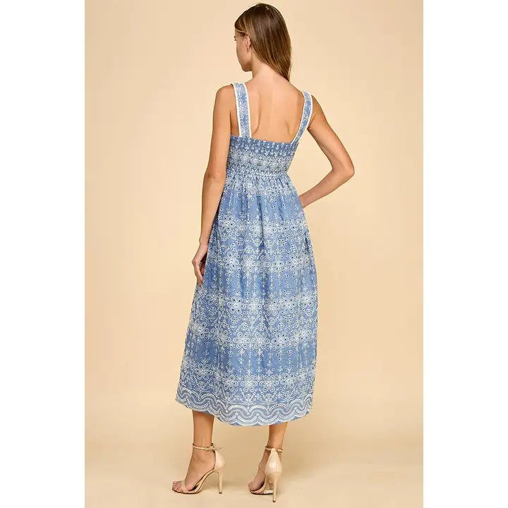 EMBROIDERED FLORAL EYELET MIDI DRESS - BLUE