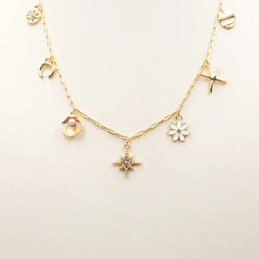 GOLD STARBURST FLOWER AND HEART NECKLACE 16" - 18"