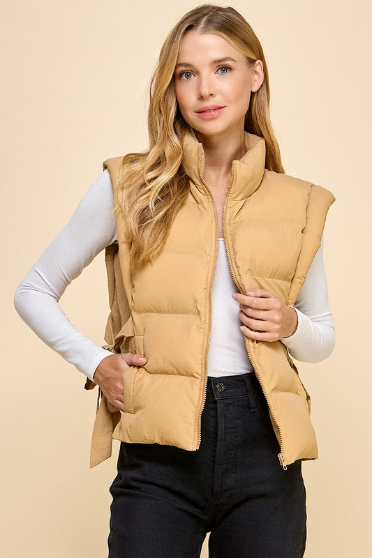 ZIPPER FRONT PUFFER VEST - MOCHA