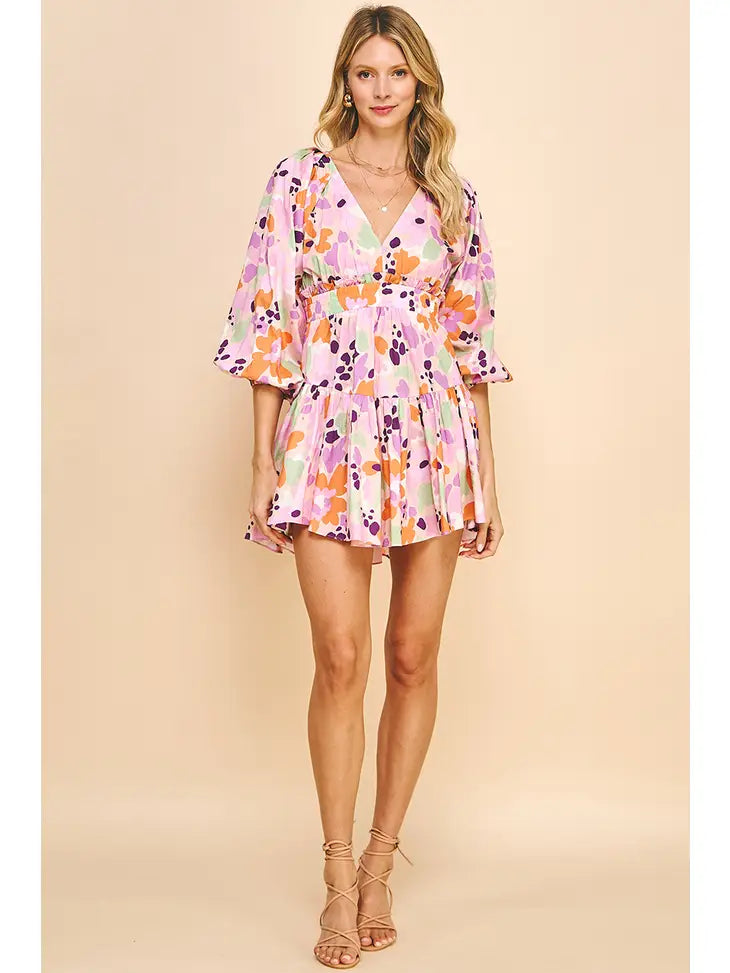 V NECK PRINT MINI DRESS - PINK MULTI