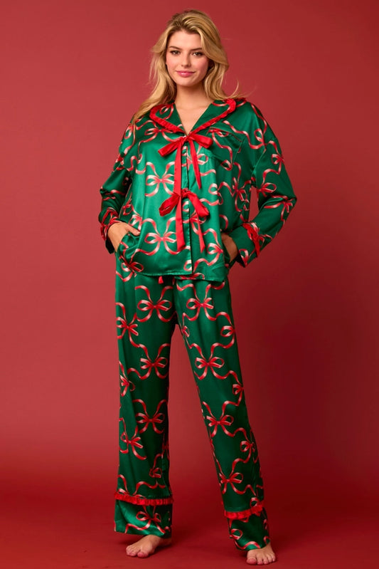 BOW TIE FRONT RUFFLE PAJAMA SET