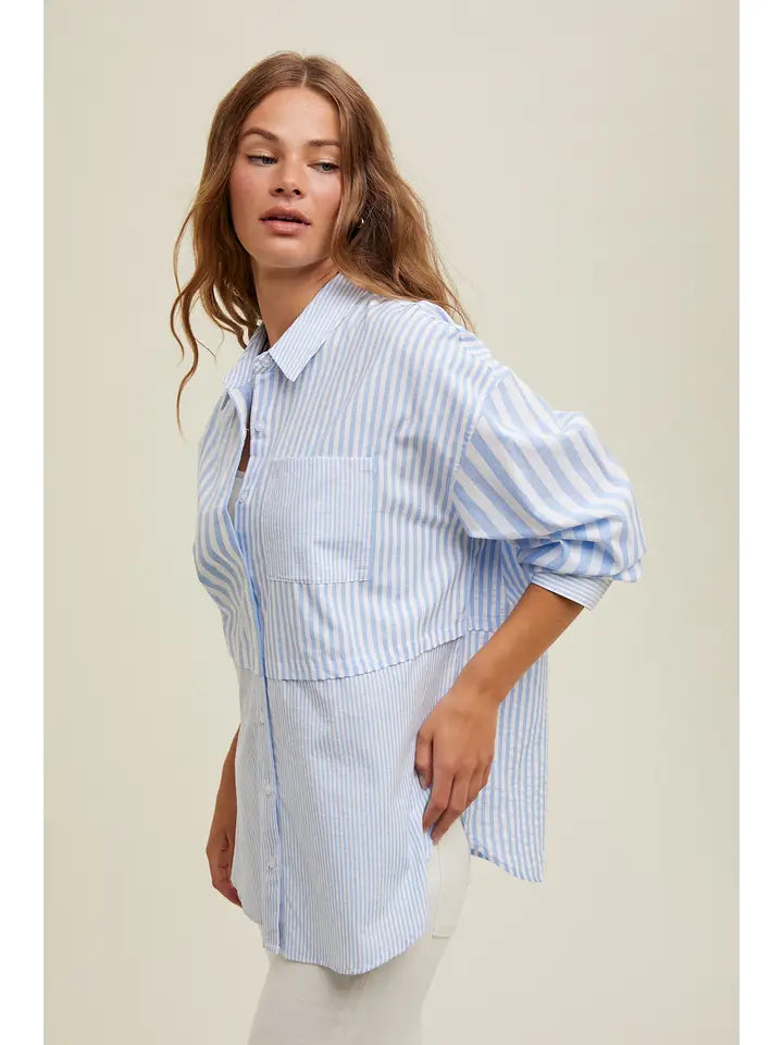 MULTI-STRIPED BUTTON UP SHIRT - BLUE/WHITE