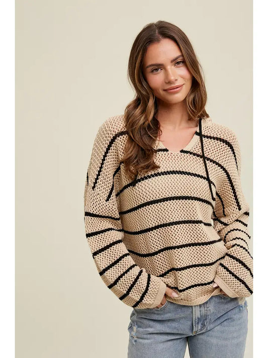 STRIPED HOODED OPEN KNIT SWEATER - TAUPE/BLACK