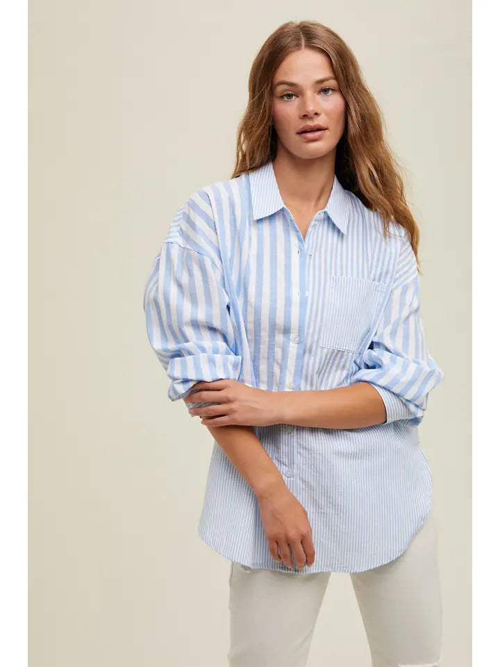 MULTI-STRIPED BUTTON UP SHIRT - BLUE/WHITE