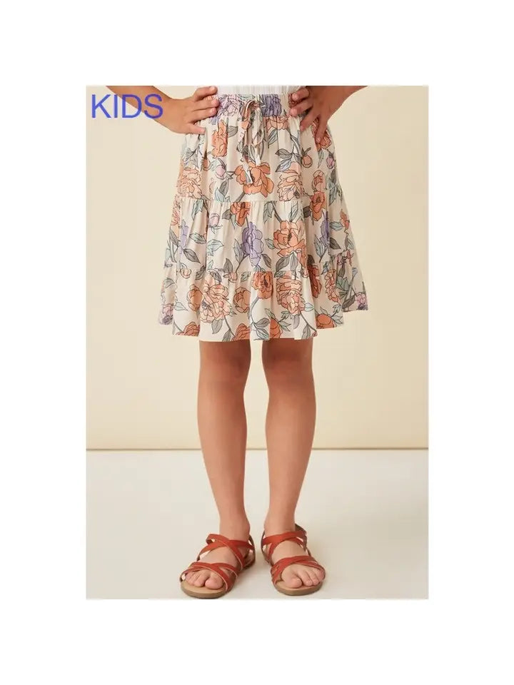 GIRLS FLORAL DRAWSTRING SKIRT WITH SHORTS - IVORY