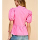 V NECKLINE PUFF SLEEVE TOP - PINK