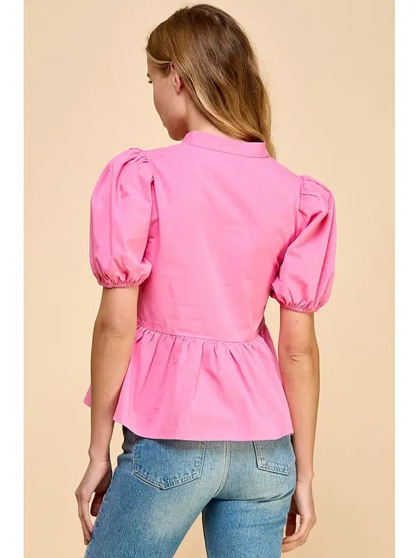 V NECKLINE PUFF SLEEVE TOP - PINK