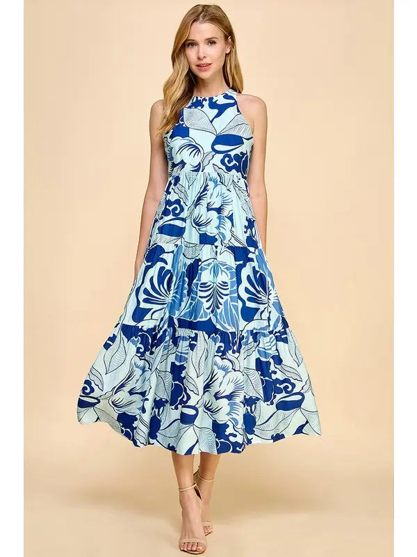 PRINTED TIERED MIDI DRESS - BLUE