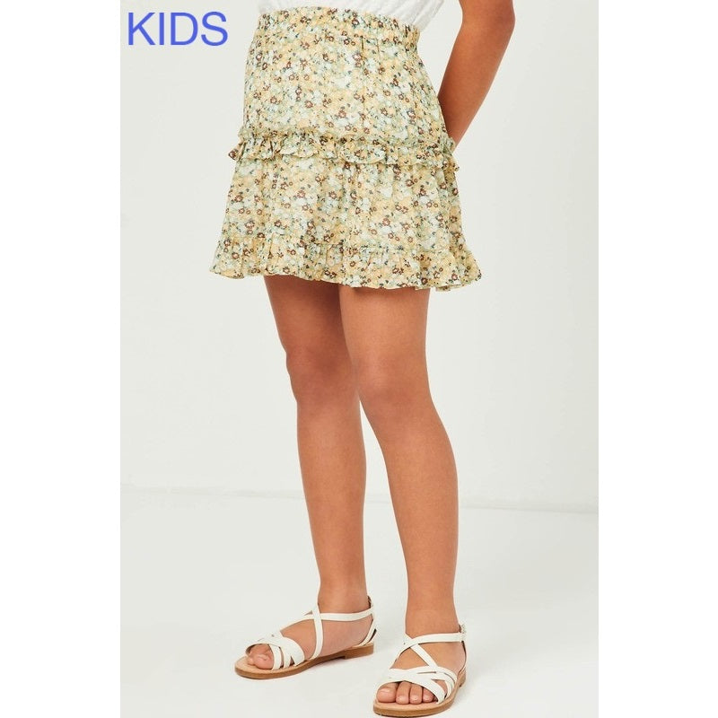 GIRLS DITSY FLORAL RUFFLE TIERED SKIRT - SAGE