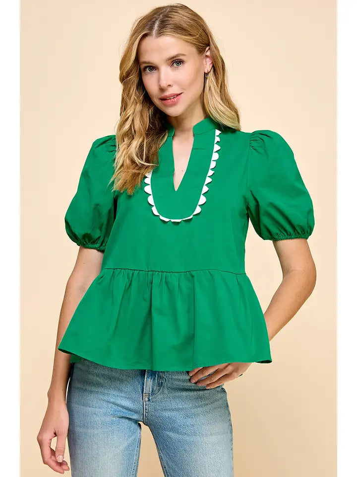 V NECKLINE PUFF SLEEVE TOP - GREEN