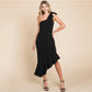 ONE SHOULDER RUFFLE BOW BODYCON MERMAID MIDI DRESS - BLACK