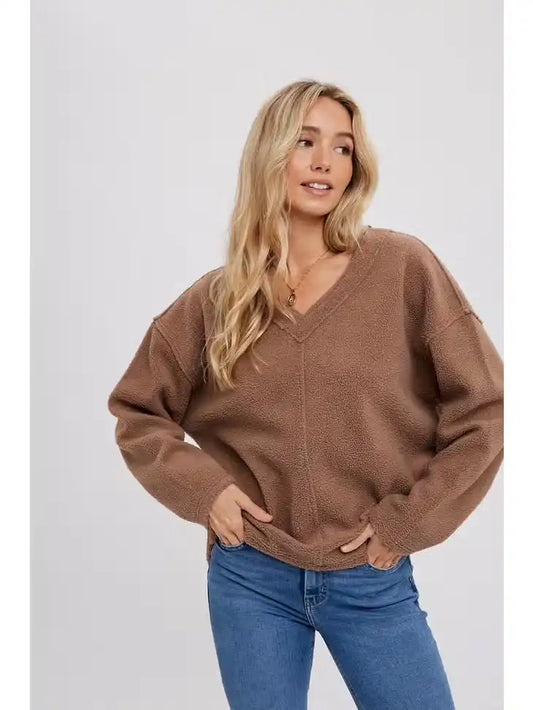 V-NECK FLEECE PULLOVER - MUSHROOM