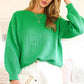 WAFFLE KNITTED BALLOON SLEEVE SWEATER - GREEN