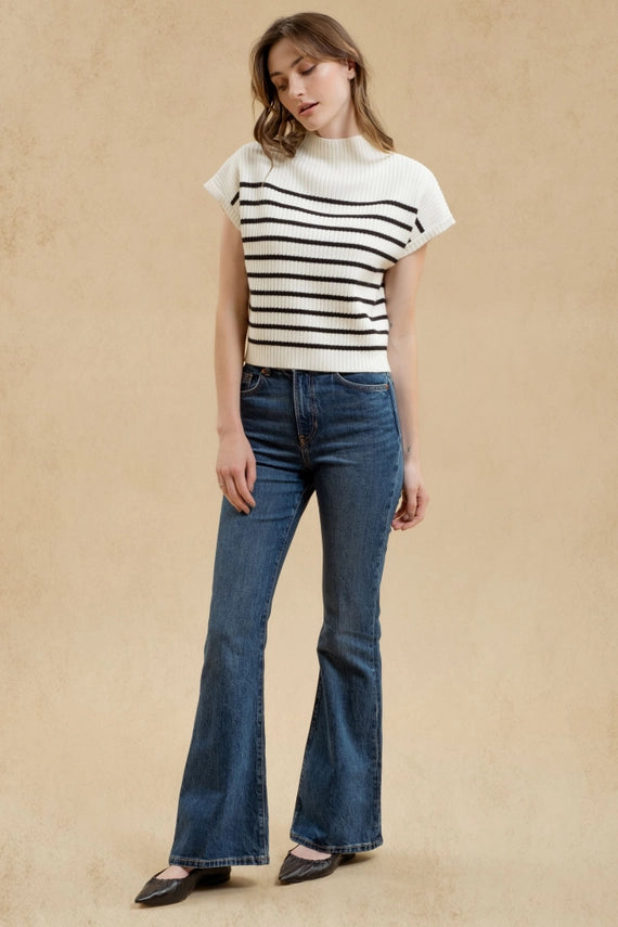 STRIPE FUNNEL NECK TOP - IVORY