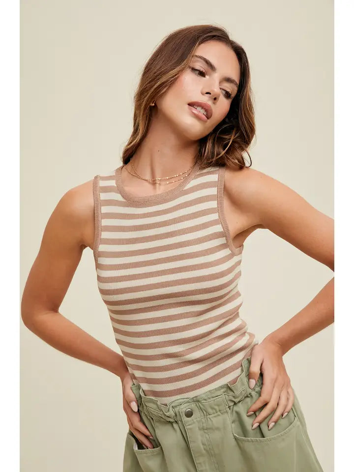 STRIPED SWEATER TANK - MOCHA/CREAM