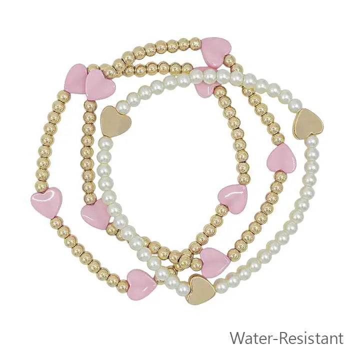 SET OF 3 BRACELETS - PEARL W/ PINK HEART